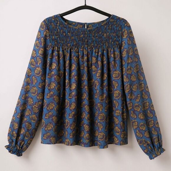 LOFT XS Floral Smocked Blouse Blue Mustard Purple Yoke Keyhole EUC Flowy Fall - Picture 1 of 9